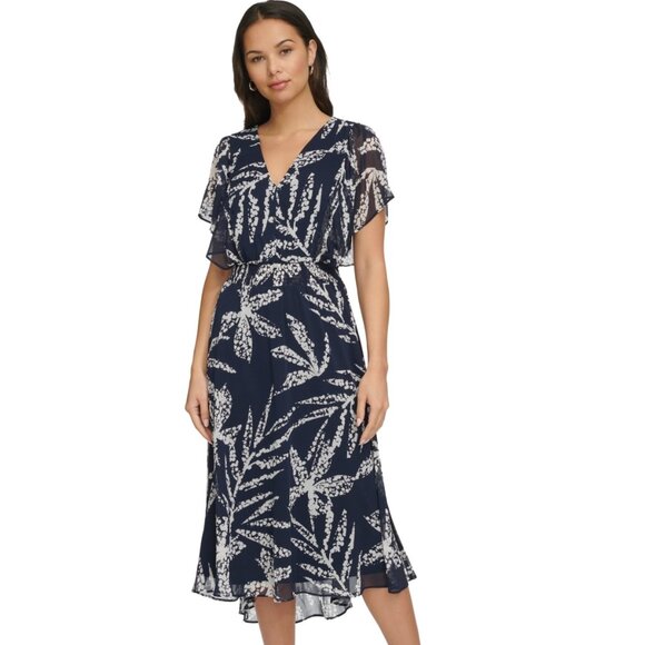 DKNY Printed Chiffon Flutter-Sleeve Midi Dress | Navy/Ivory | NWT | Size 2 - Picture 1 of 7
